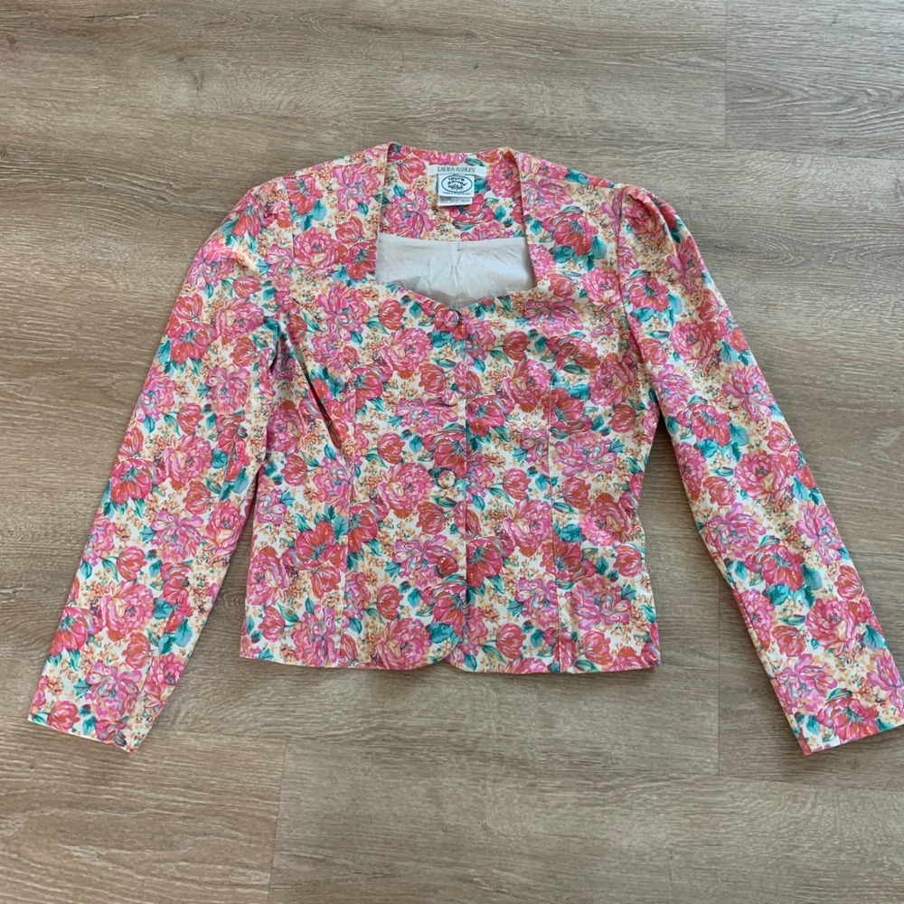 Laura Ashley Vintage Floral Blazer Pink Orange Square Neck Cotton Jacket USA 10